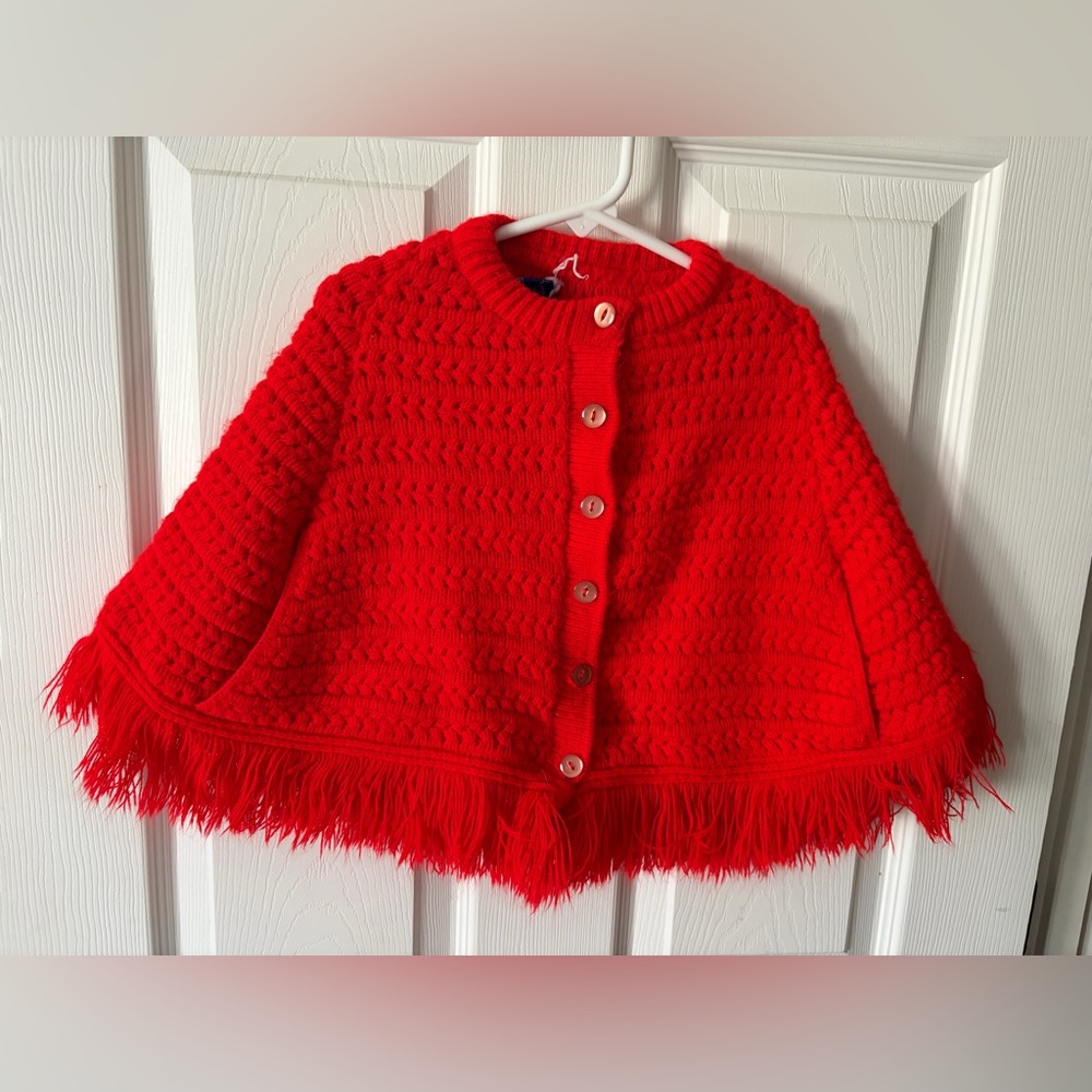 Vintage Girls Red Orlon Acrylic Knit Poncho By Blue Bird